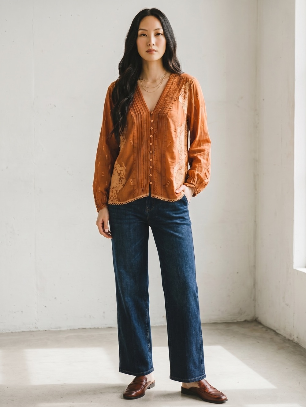 Johnny Was Embroidered Bohemian Peasant Blouse Copper Rust Floral Eyelet Top L